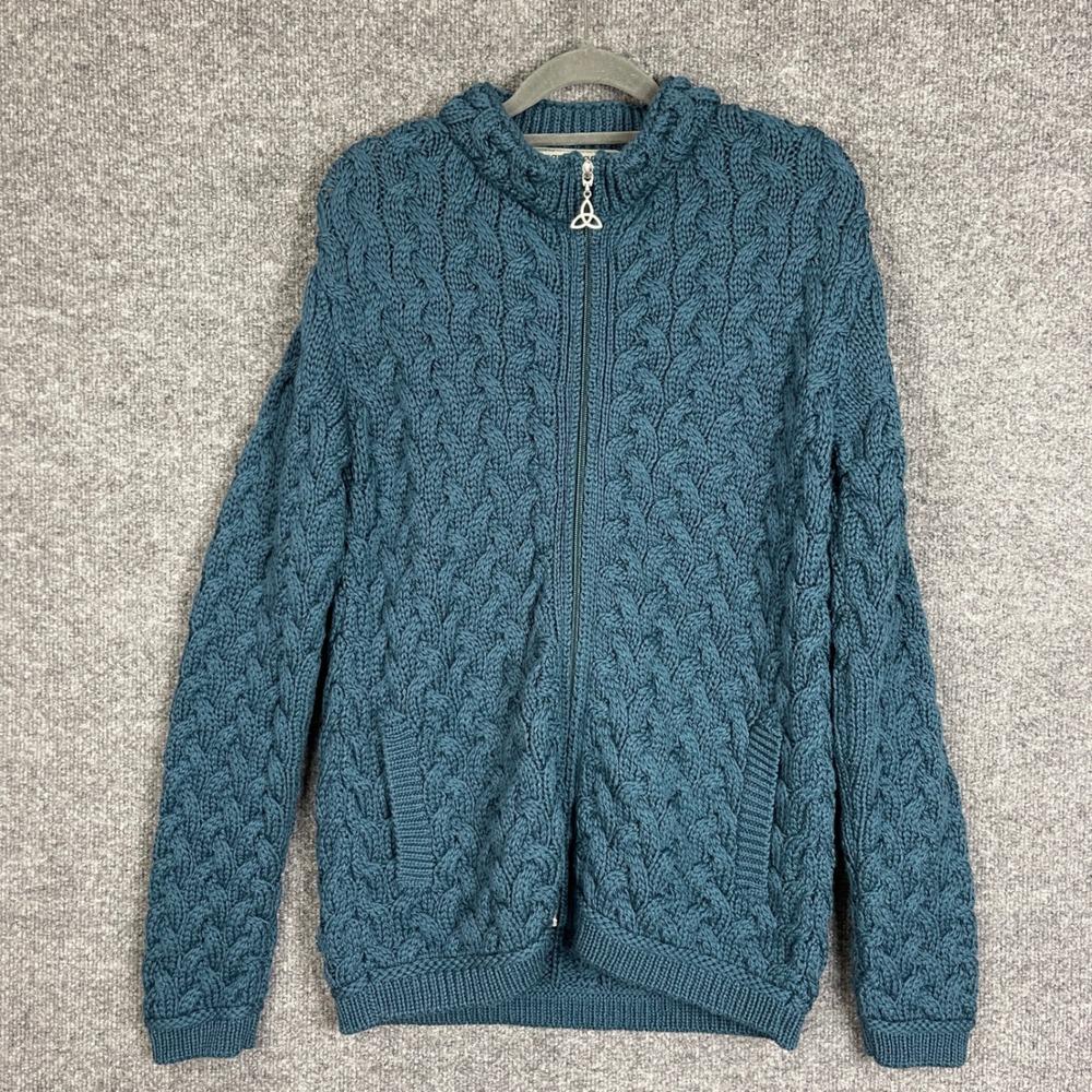 Aran Crafts Cardigan Sweater Womens S Teal Excellent Wool Full Zip Cable Knit